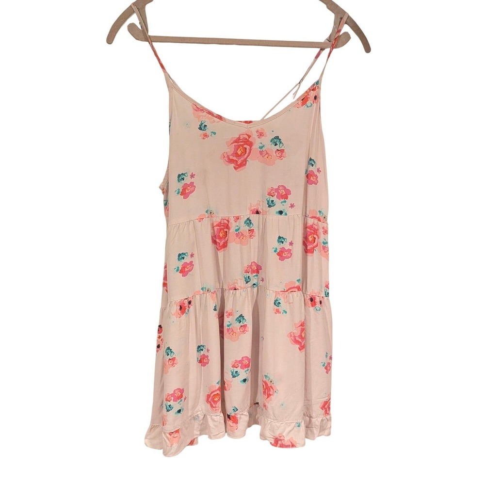 Free Press Floral Mini Dress S Pink Tiered Spaghetti Strap Ruffle Summer Boho